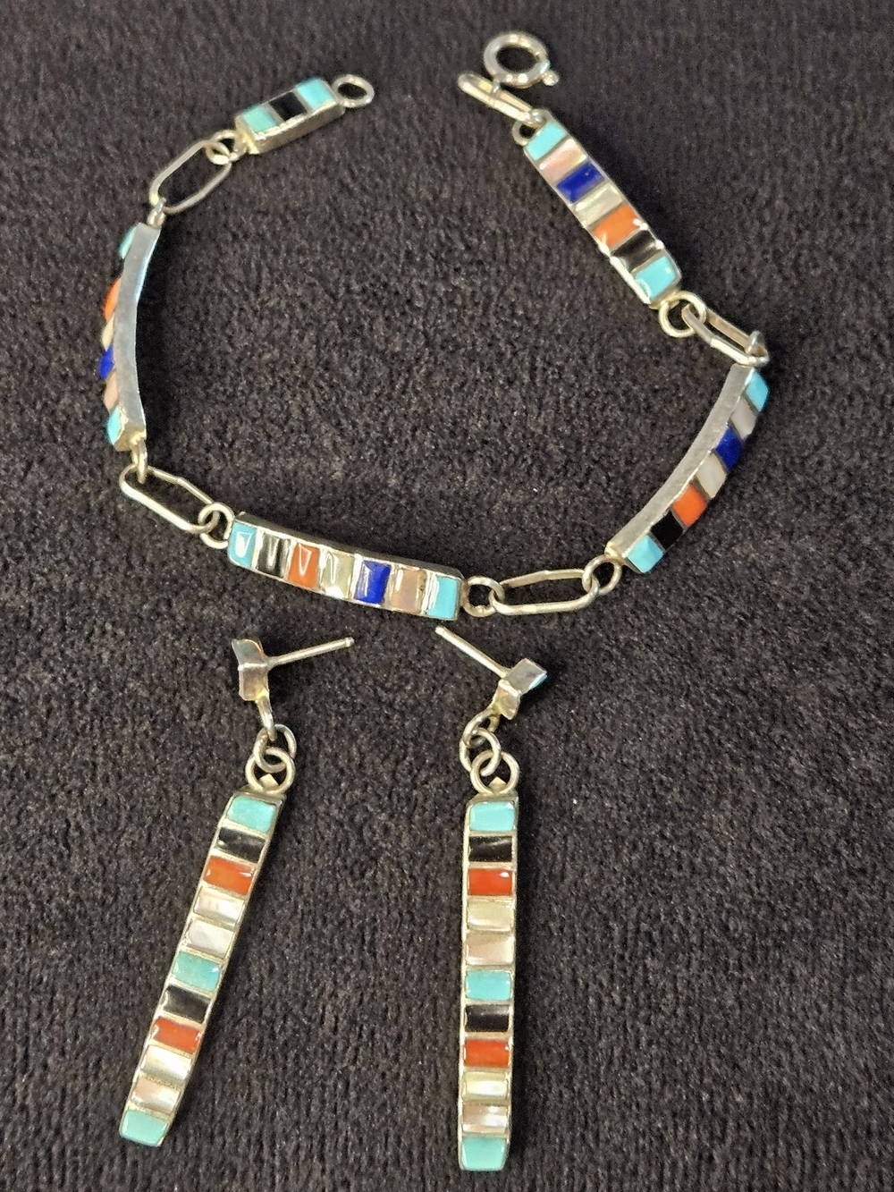 Native American Navajo Inlay Sterling-Style Bracelet and Earrings Set